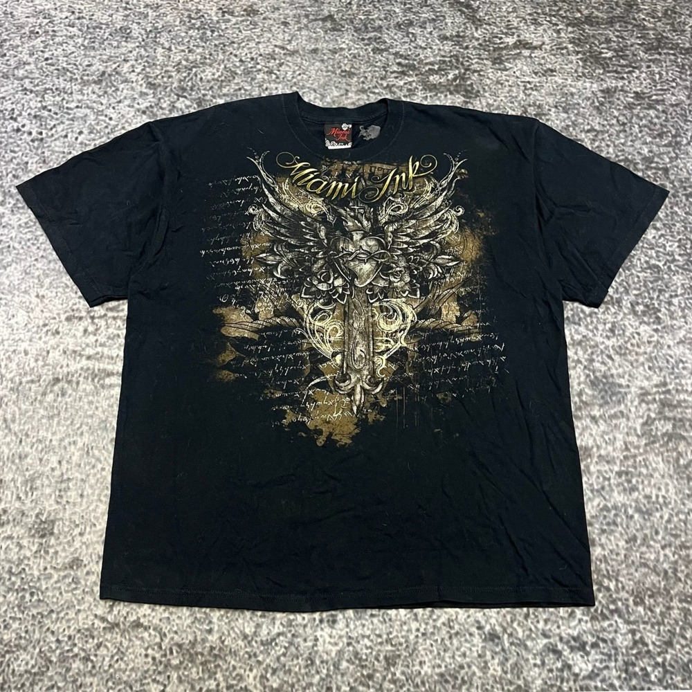 Vintage Y2K Miami Ink T Shirt Mens XL Black Tattoo Wings Cross Grunge